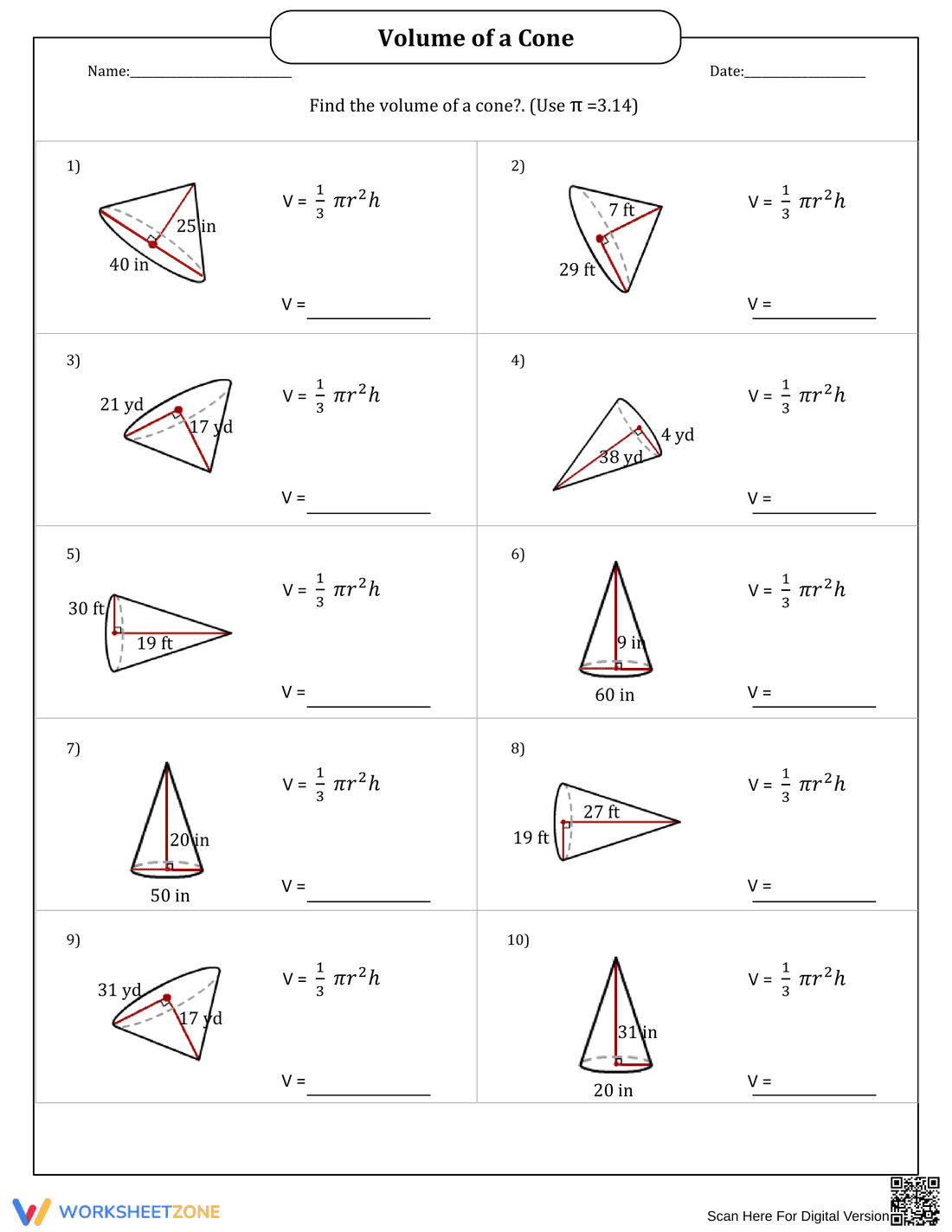 Volume of a Cone Worksheet - Page 1