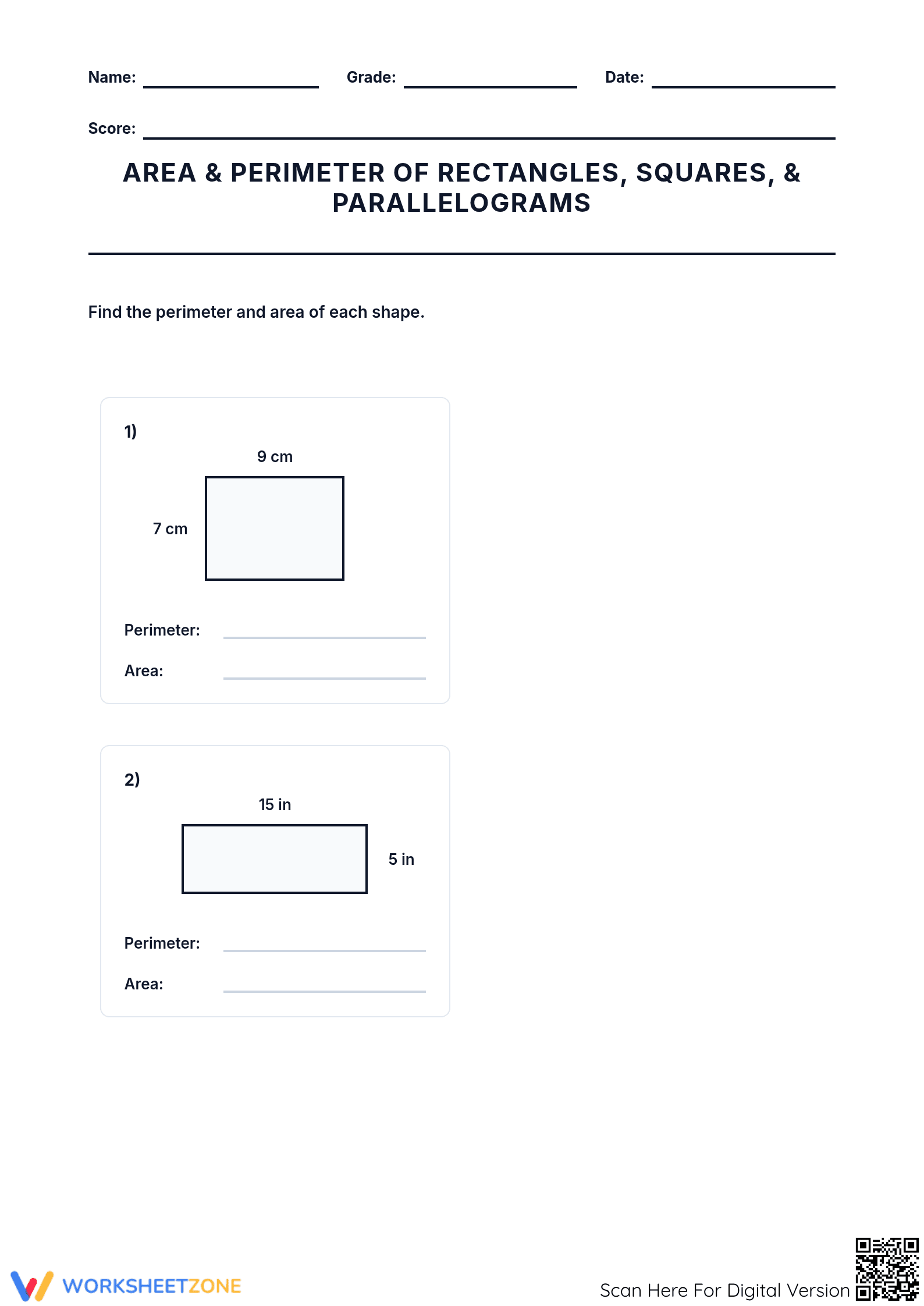 Essential Area and Perimeter Parallelograms Worksheet - Page 1