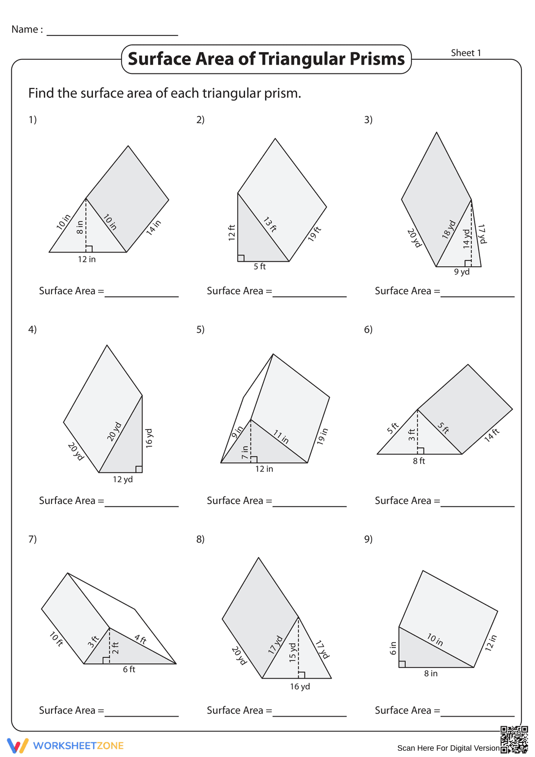 Surface Area of Triangular Prisms Worksheet - Page 1