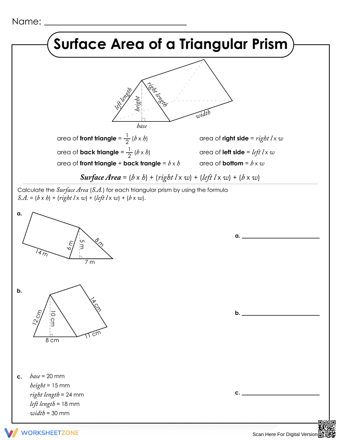 Triangular Prism Surface Area Worksheet - Page 1