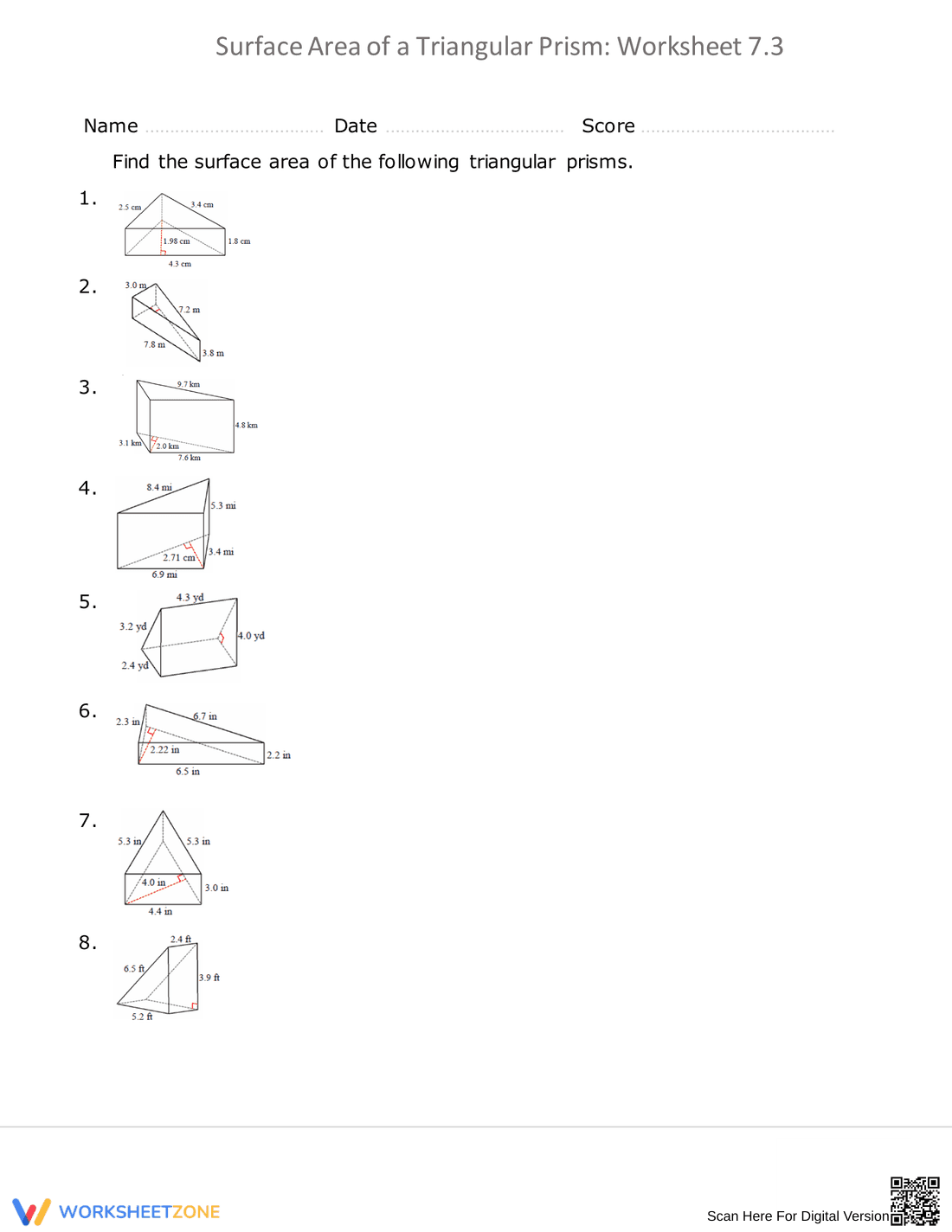 Surface Area of Triangular Prisms Worksheet - Page 1