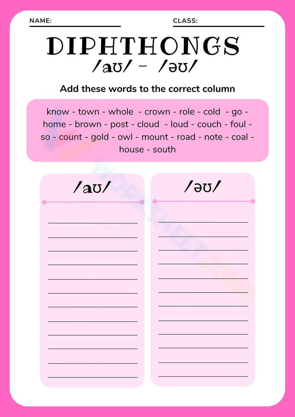 Printable Diphthongs /aʊ/ and /əʊ/ Worksheet | Grade 2 - Page 1