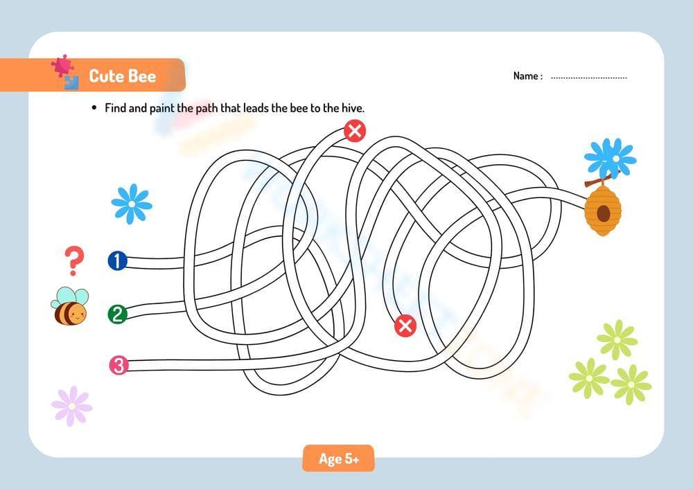 Cute Bee Worksheet Maze Paths Coloring Activity - Page 1