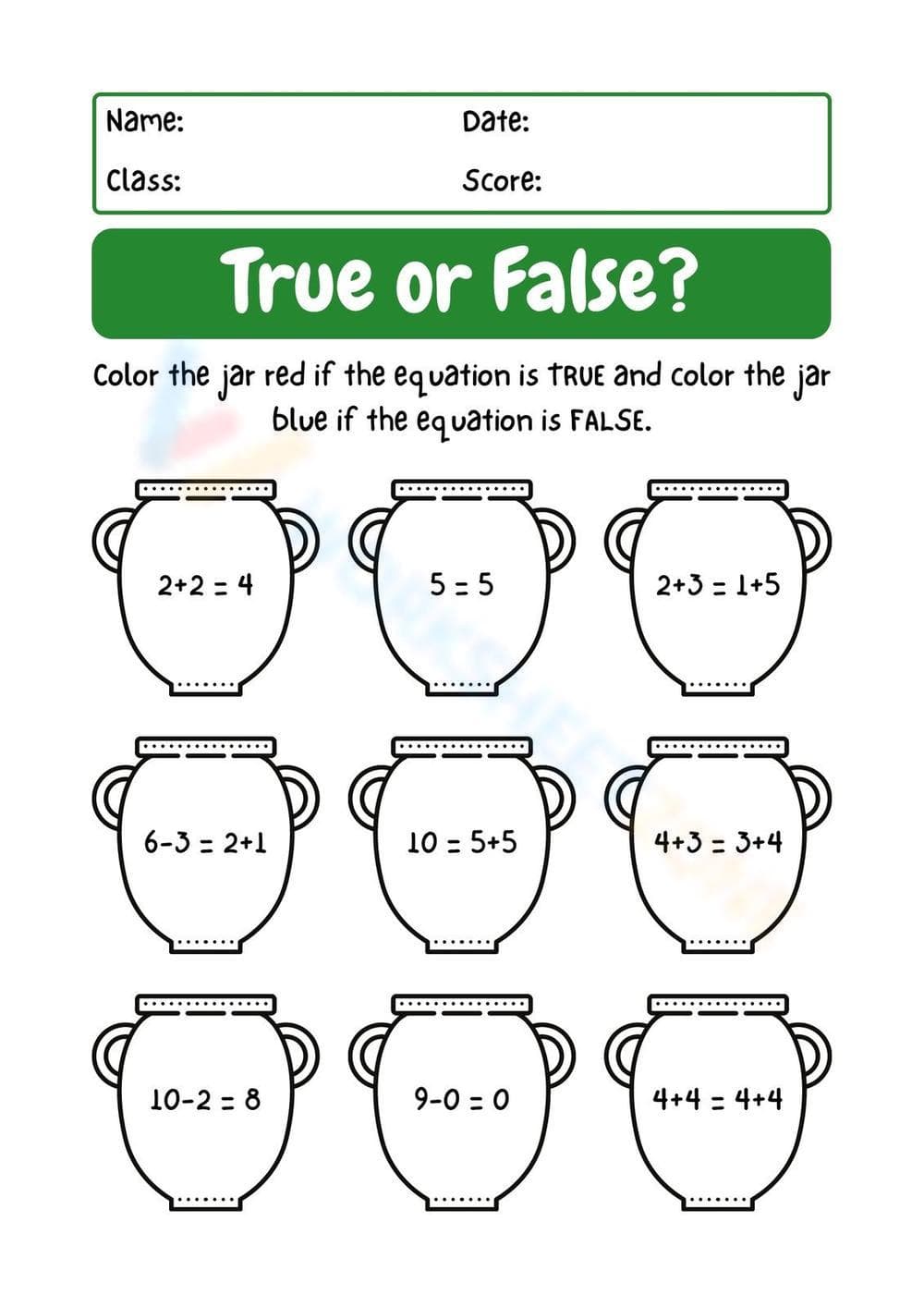 Printable True or False Equations Grade 1 Math Worksheet - Page 1