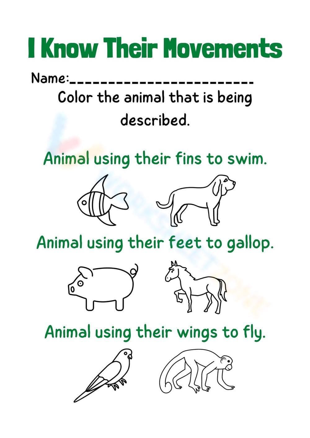 Animal Movements Worksheet | Grade K Science Printable - Page 1