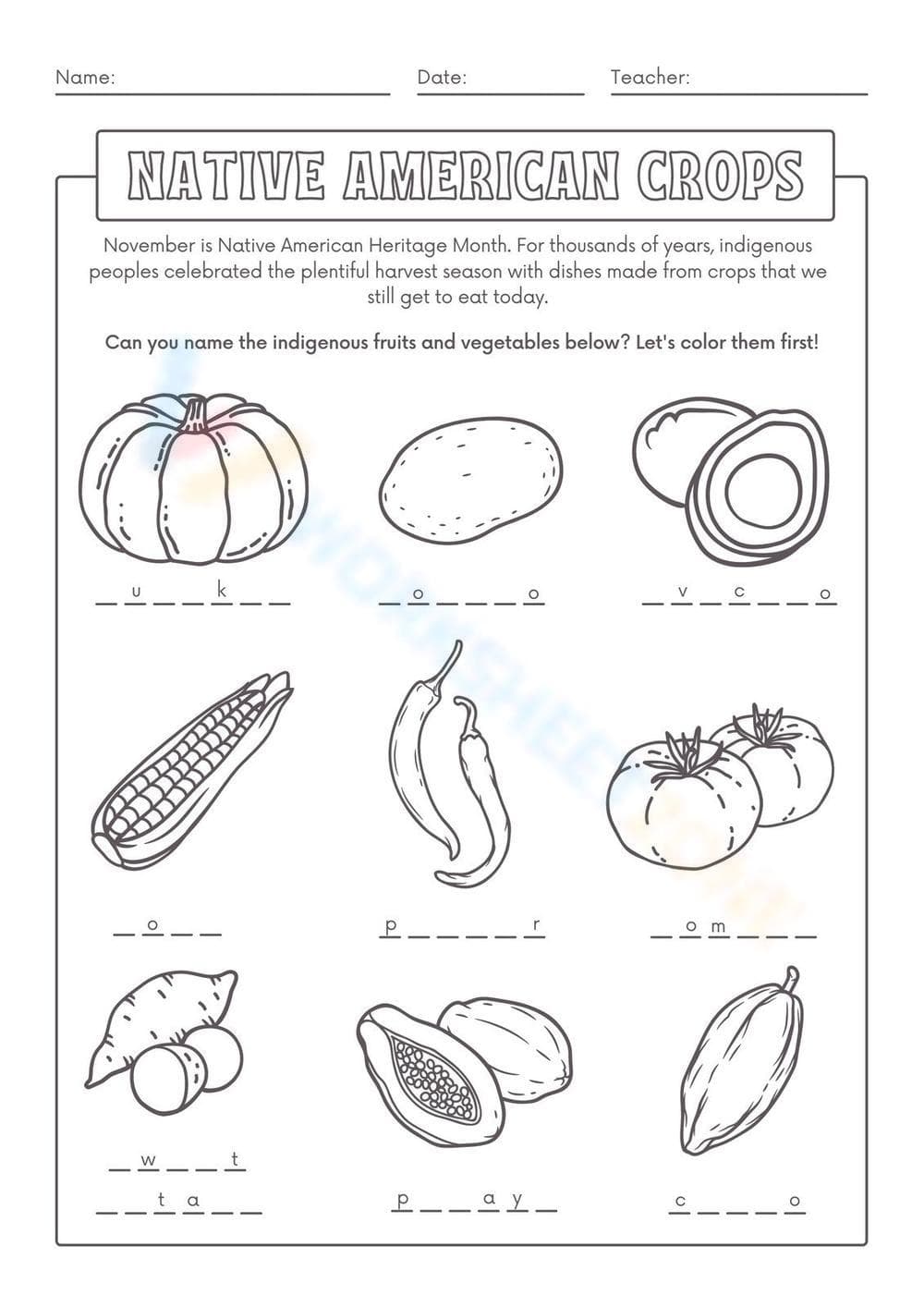 Native American Crops Worksheet - Page 1