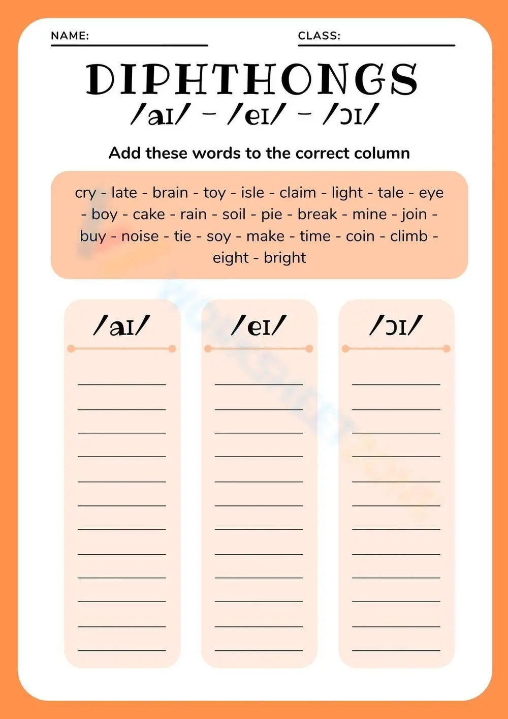 Diphthongs /ai/ /ei/ /oi/ Worksheet | Essential Grade 2 - Page 1