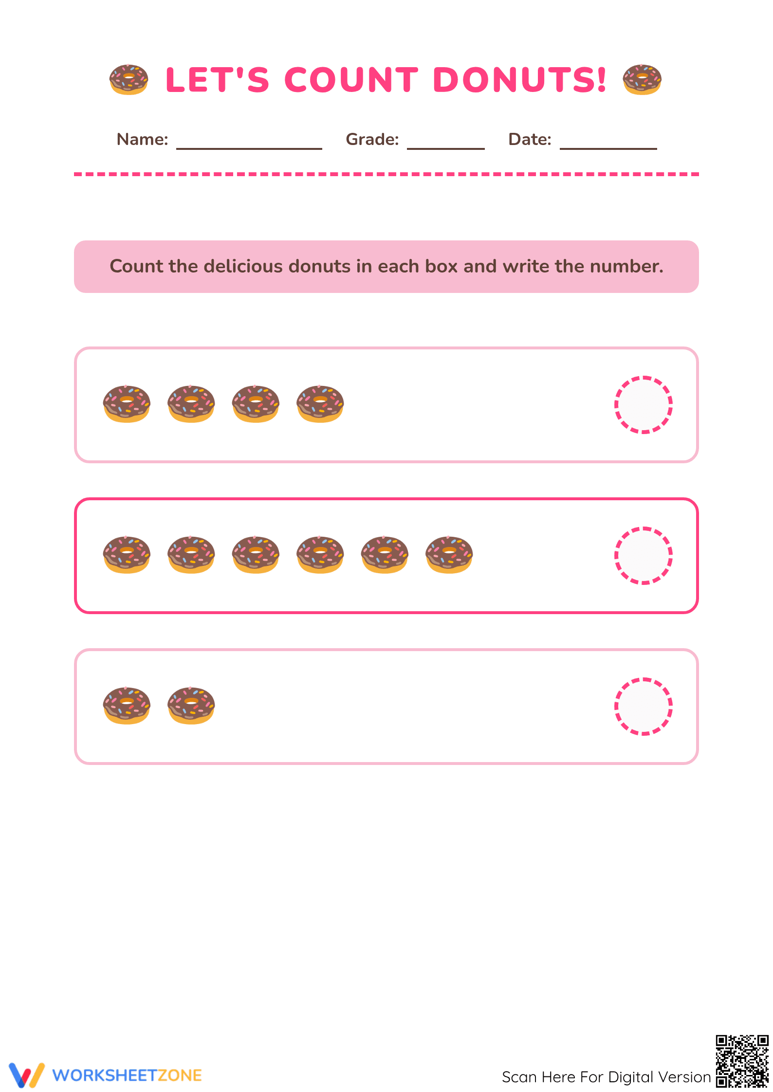 Grade K Let's Count Donuts — Printable No-Prep Worksheet - Page 1