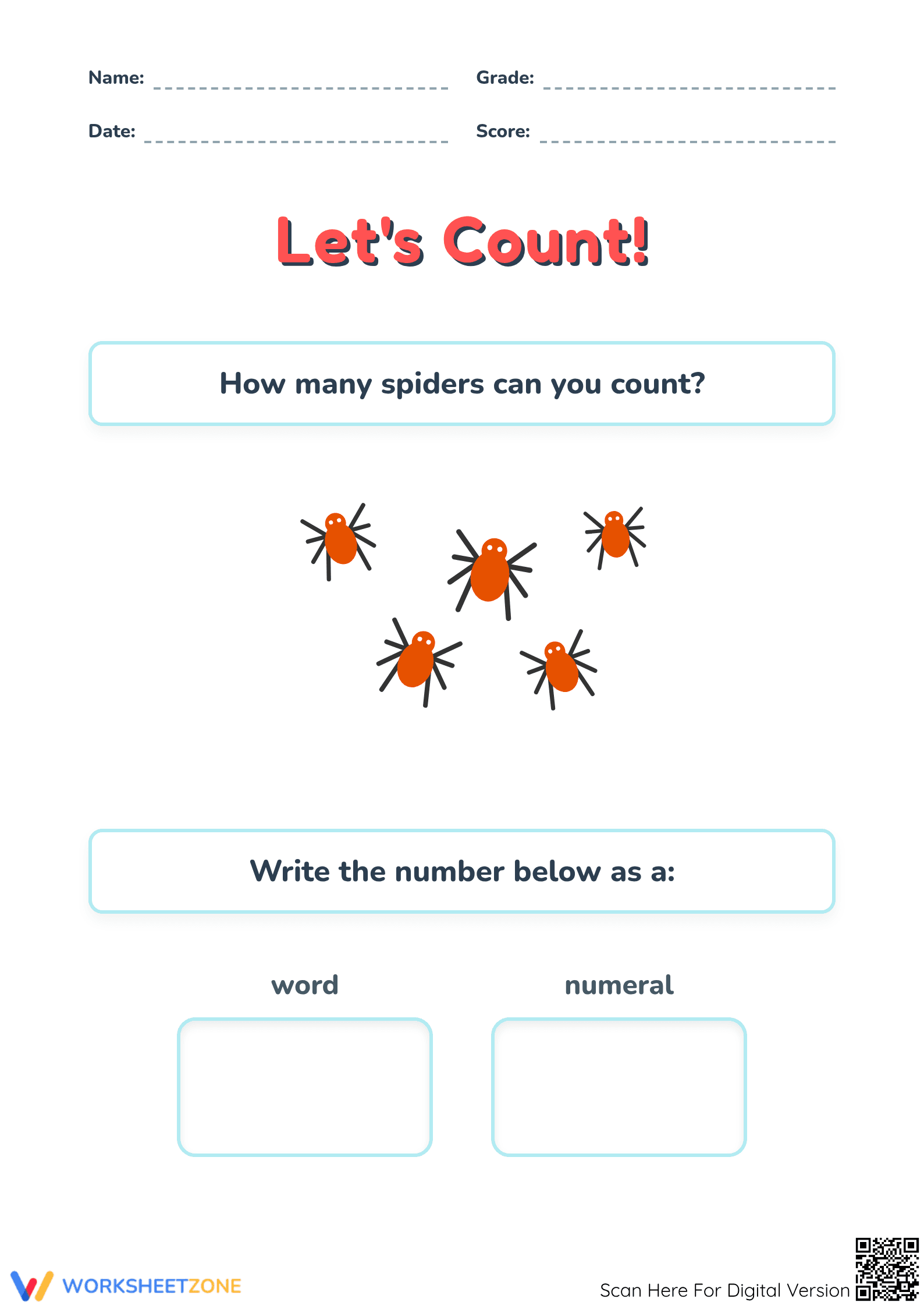 Printable Let's Count Spider & Ladybug Worksheet | Grade K - Page 1