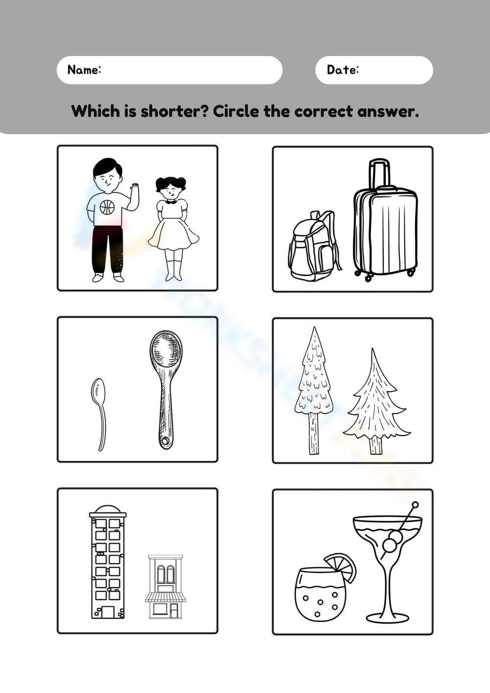 Which Is Shorter? Printable Grade K Measurement Worksheet - Page 1