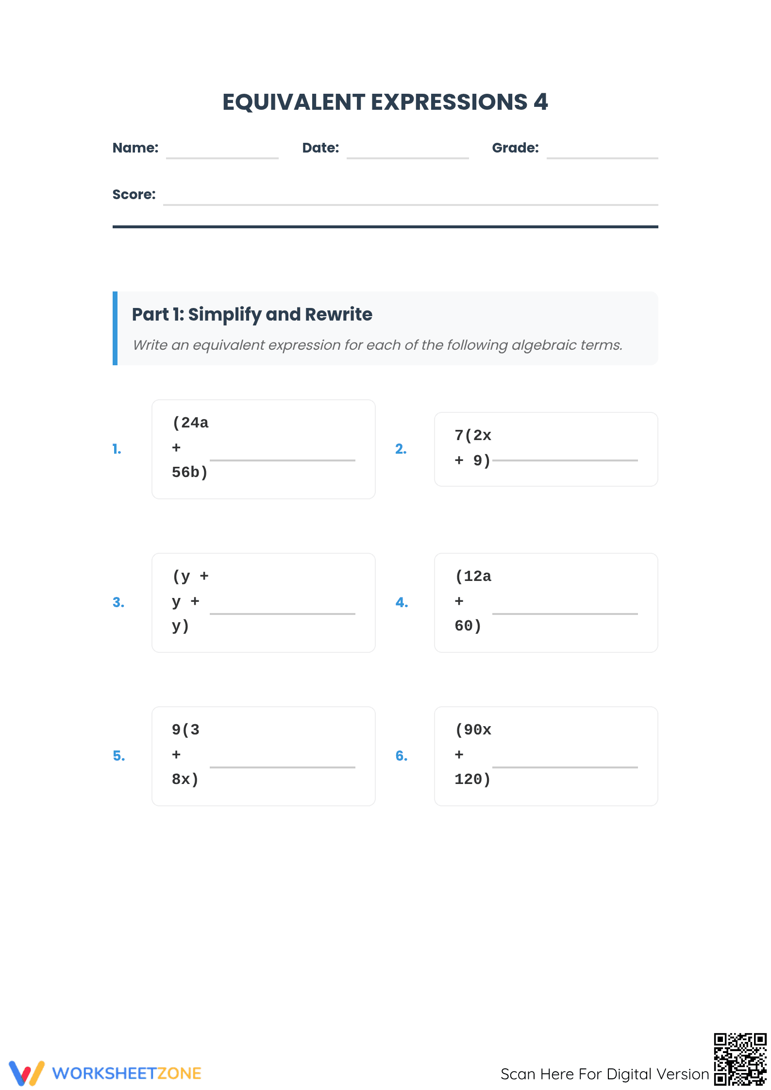 Printable Equivalent Expressions Worksheet | Grade 8-10 Math - Page 1