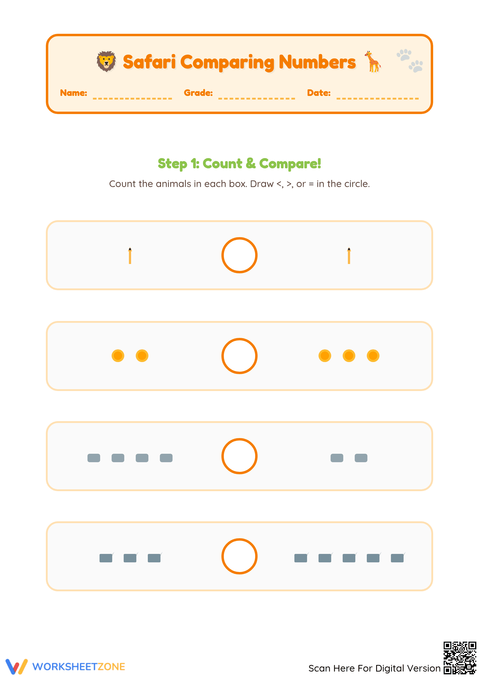 Printable Safari Comparing Numbers Worksheet | Kindergarten - Page 1
