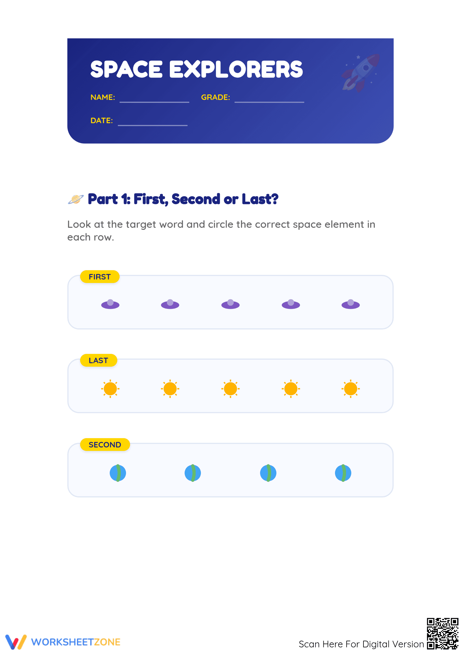 Printable Space Ordinal Numbers Worksheet | Grade K-1 - Page 1