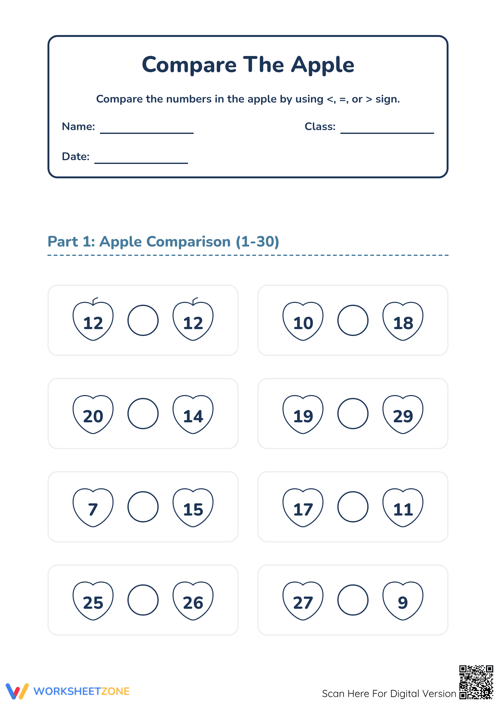 Comparing Numbers Worksheet (1-60) | Essential Grade 1 - Page 1