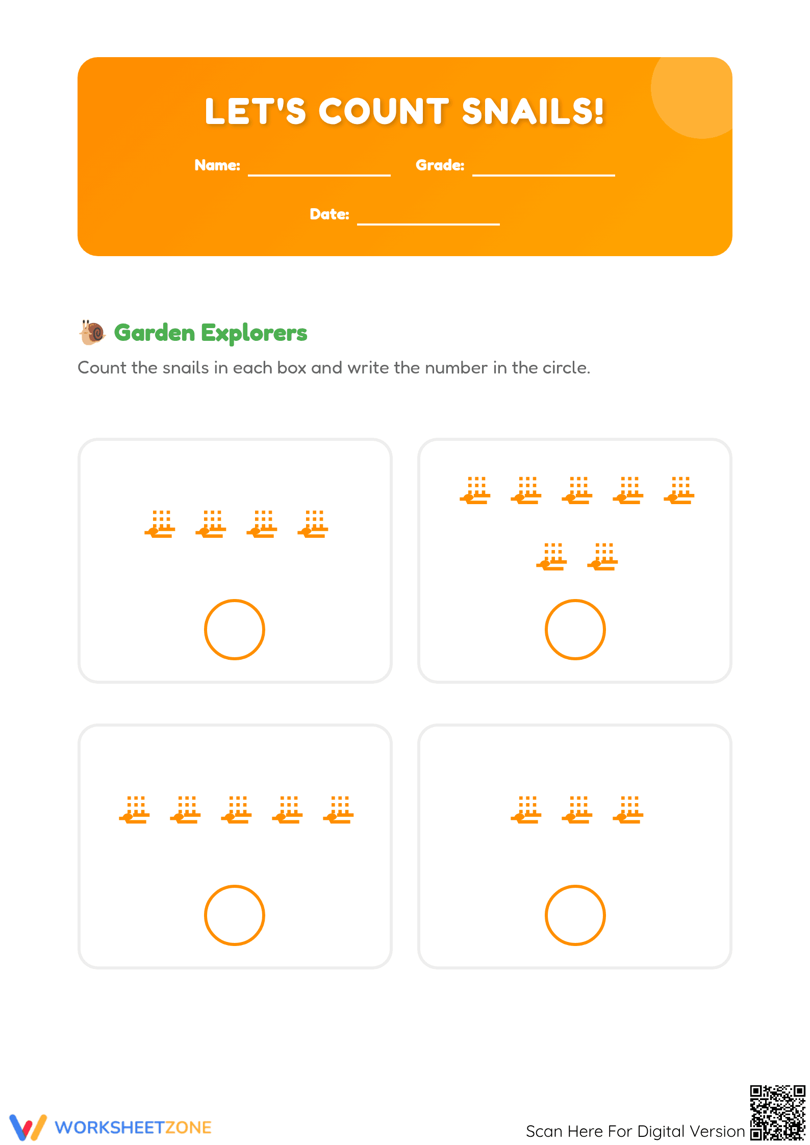 Printable Counting Snails Worksheet | Grade K Math - Page 1