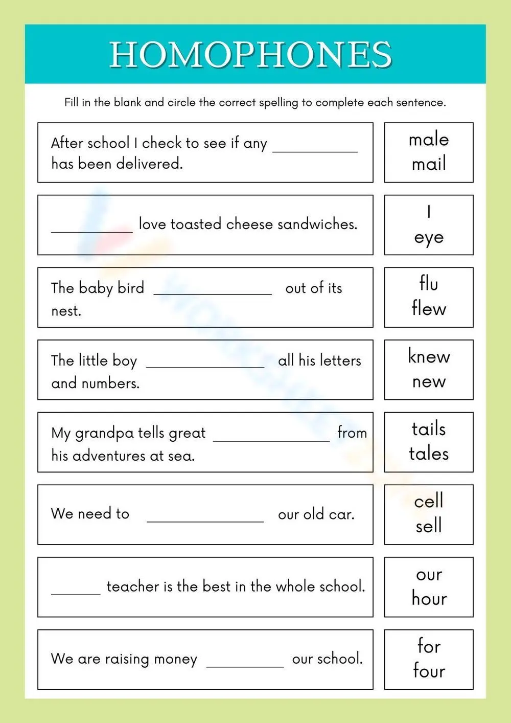 Grade 2 Homophones — Printable No-Prep Worksheet - Page 1