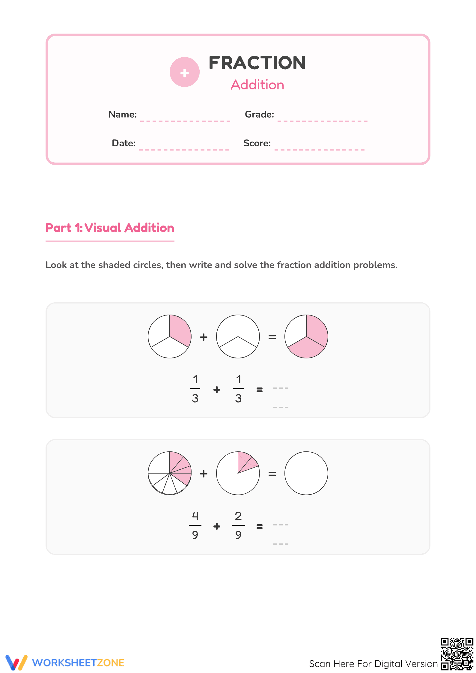 Printable Fraction Addition Worksheet | Grade 4 Aligned - Page 1