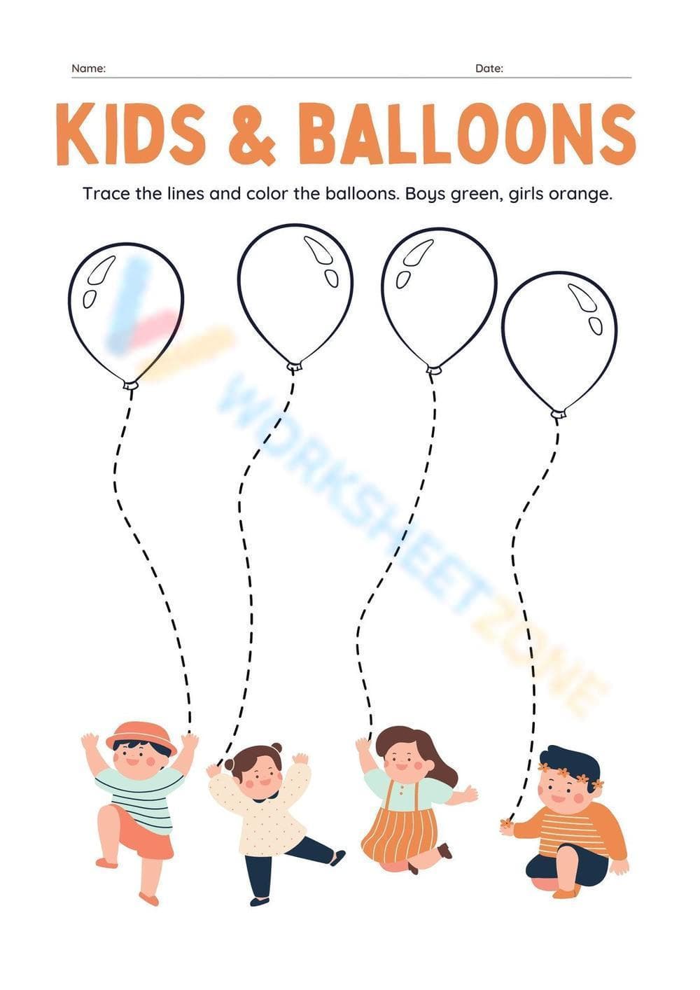 Grade K Kids & Balloons — Printable No-Prep Worksheet - Page 1