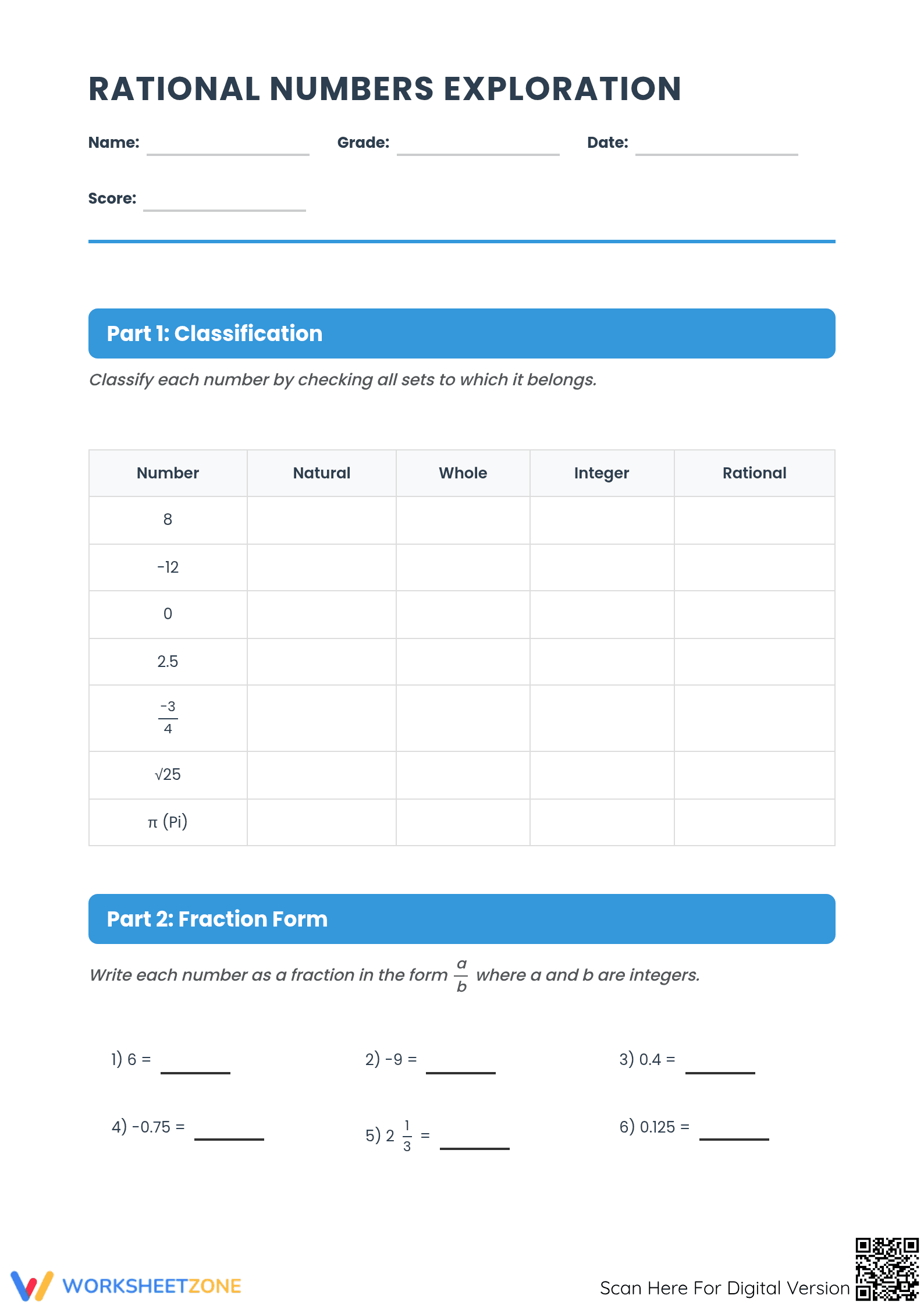 Printable Rational Numbers Exploration | Grade 7 Math - Page 1