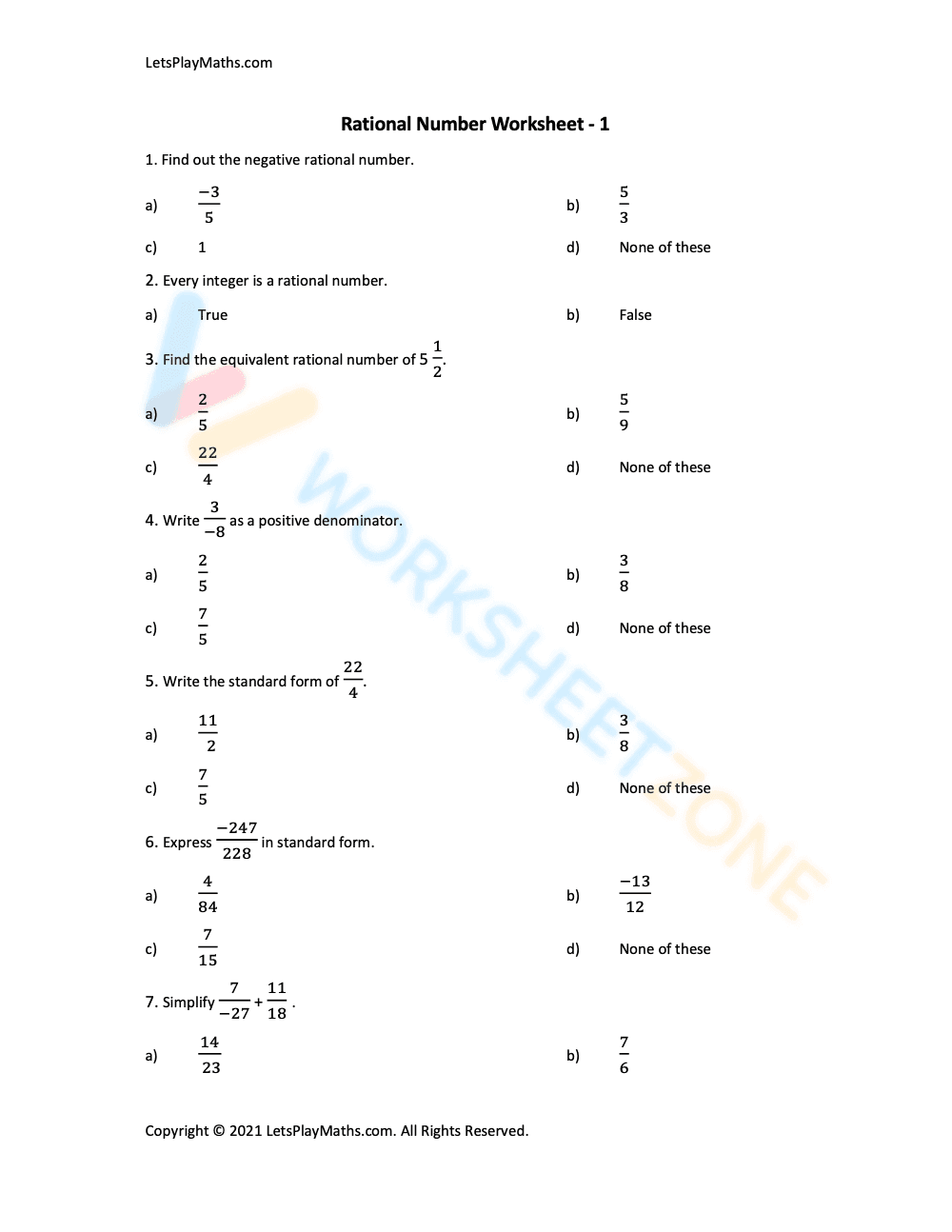 Rational number worksheet grade 7 1 - Page 1