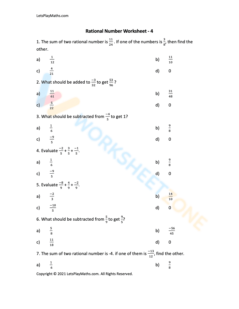 Rational Number Worksheet for Grade 7 - Page 1