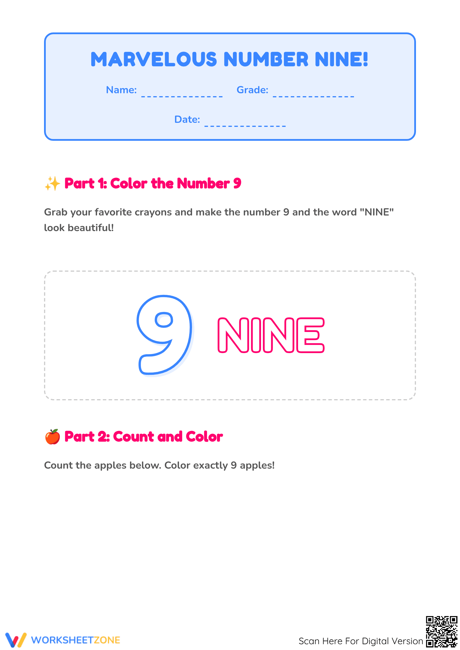 Learn Number 9 Worksheet | Essential Grade K-1 Printable - Page 1