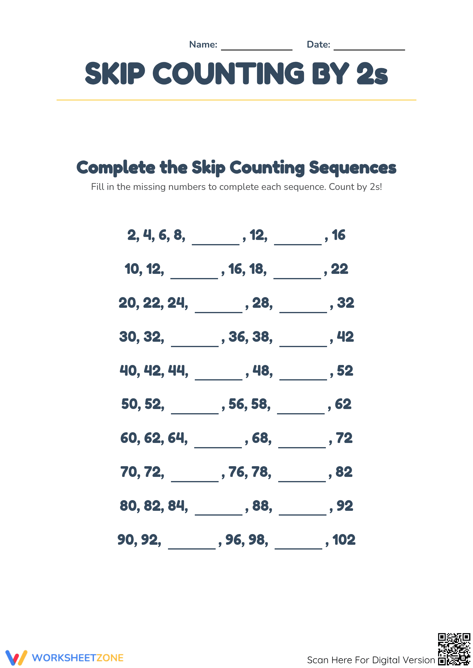 Skip Counting by 2s Worksheet | Essential Grade 3-5 - Page 1