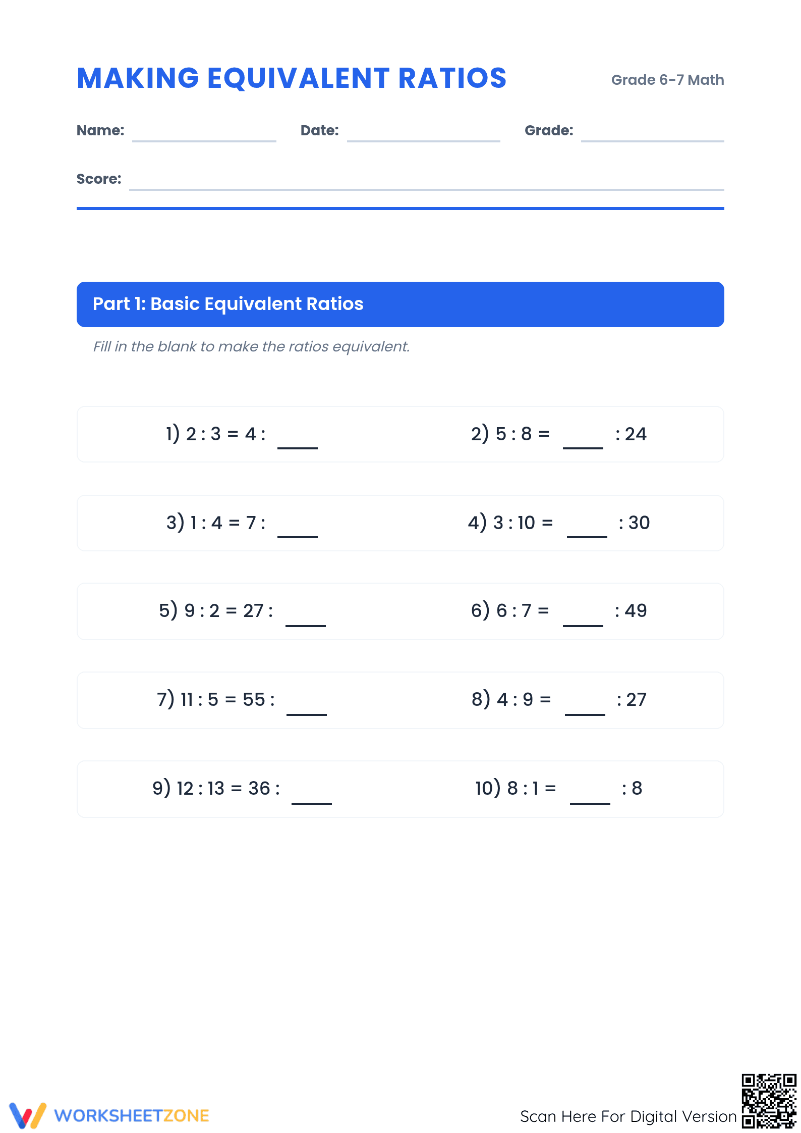 Essential Equivalent Ratios Worksheet | Grade 6-7 Math - Page 1