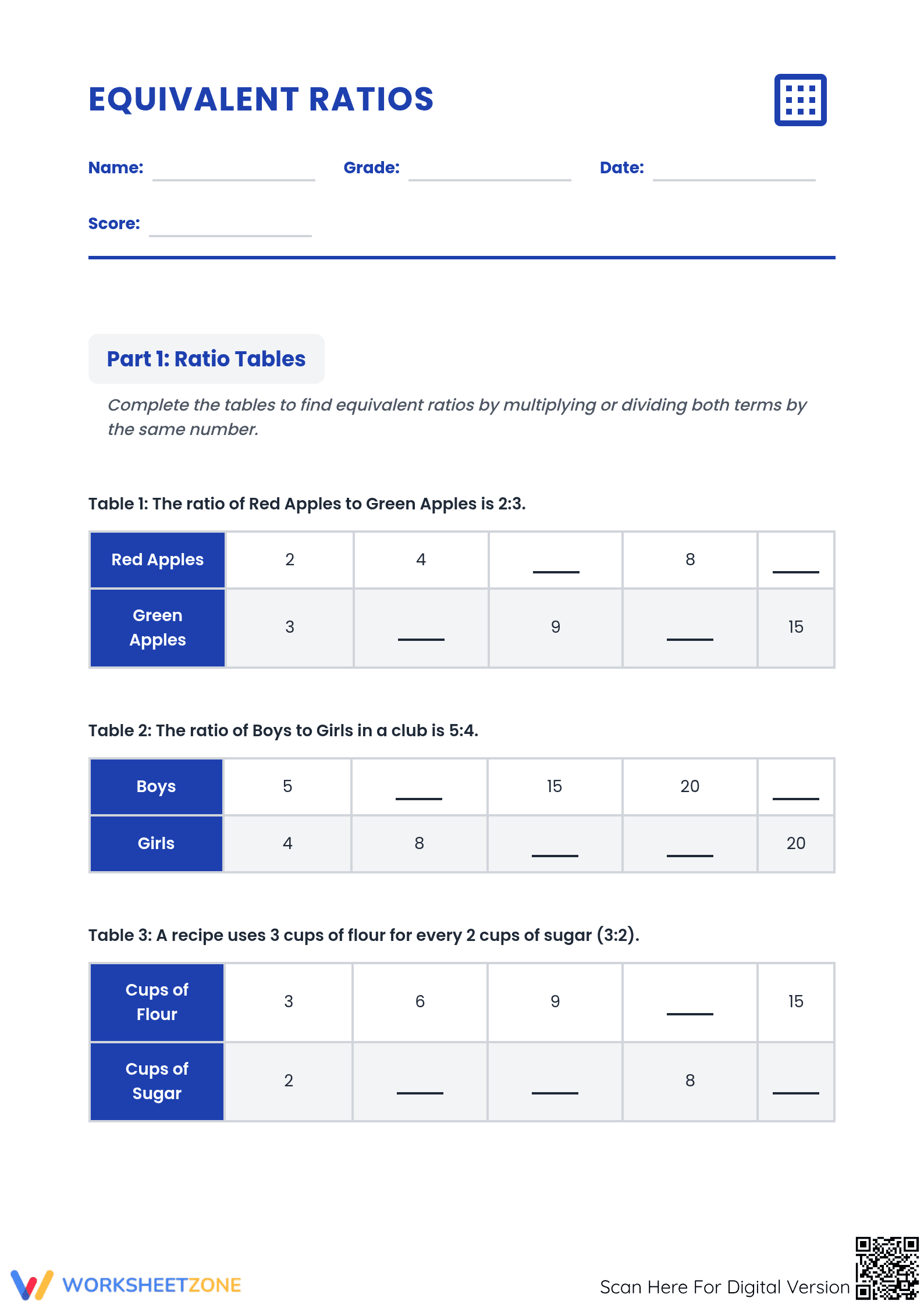 Printable Equivalent Ratios Worksheet | Grade 6 Math - Page 1