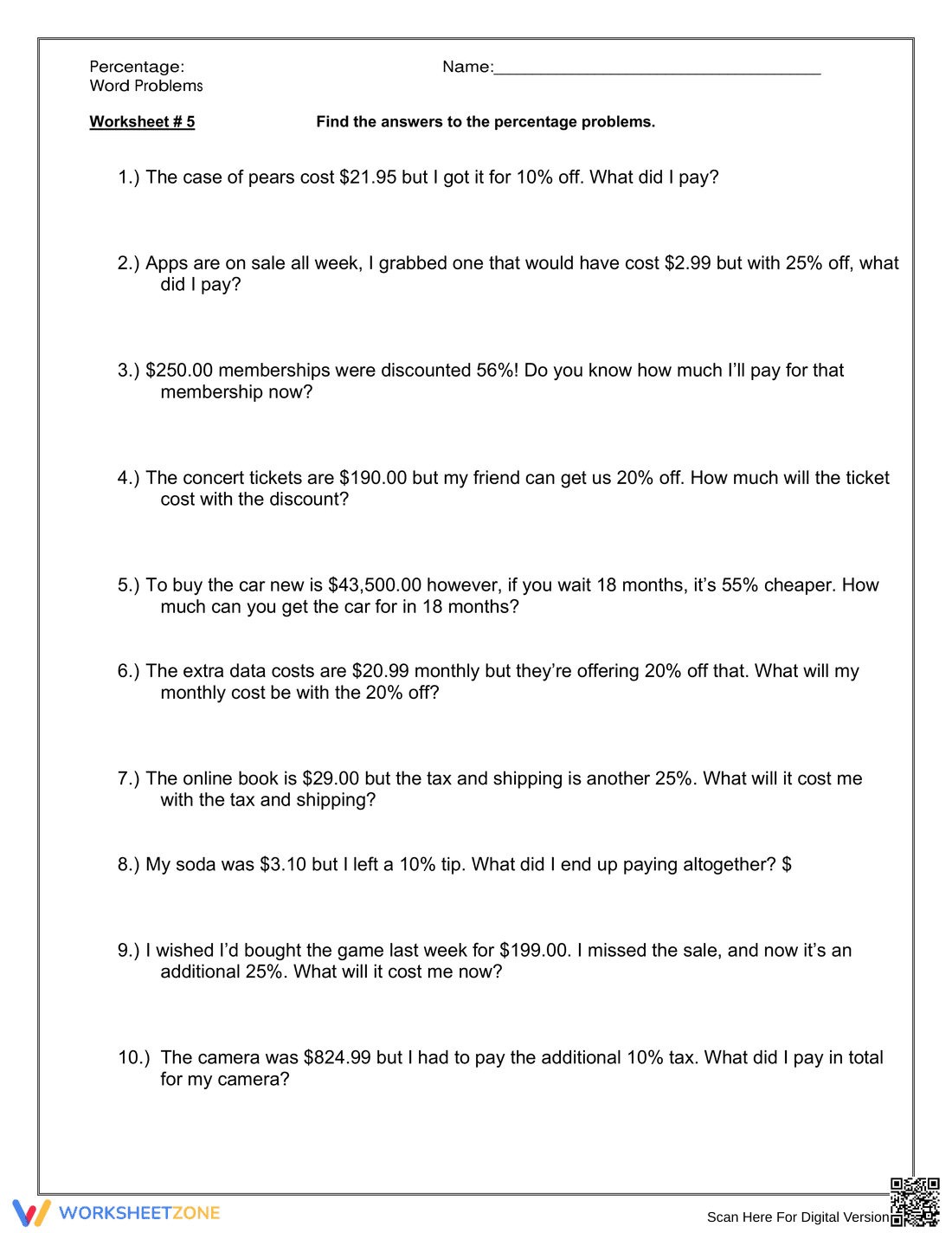 Percent Word Problems Worksheet - Page 1