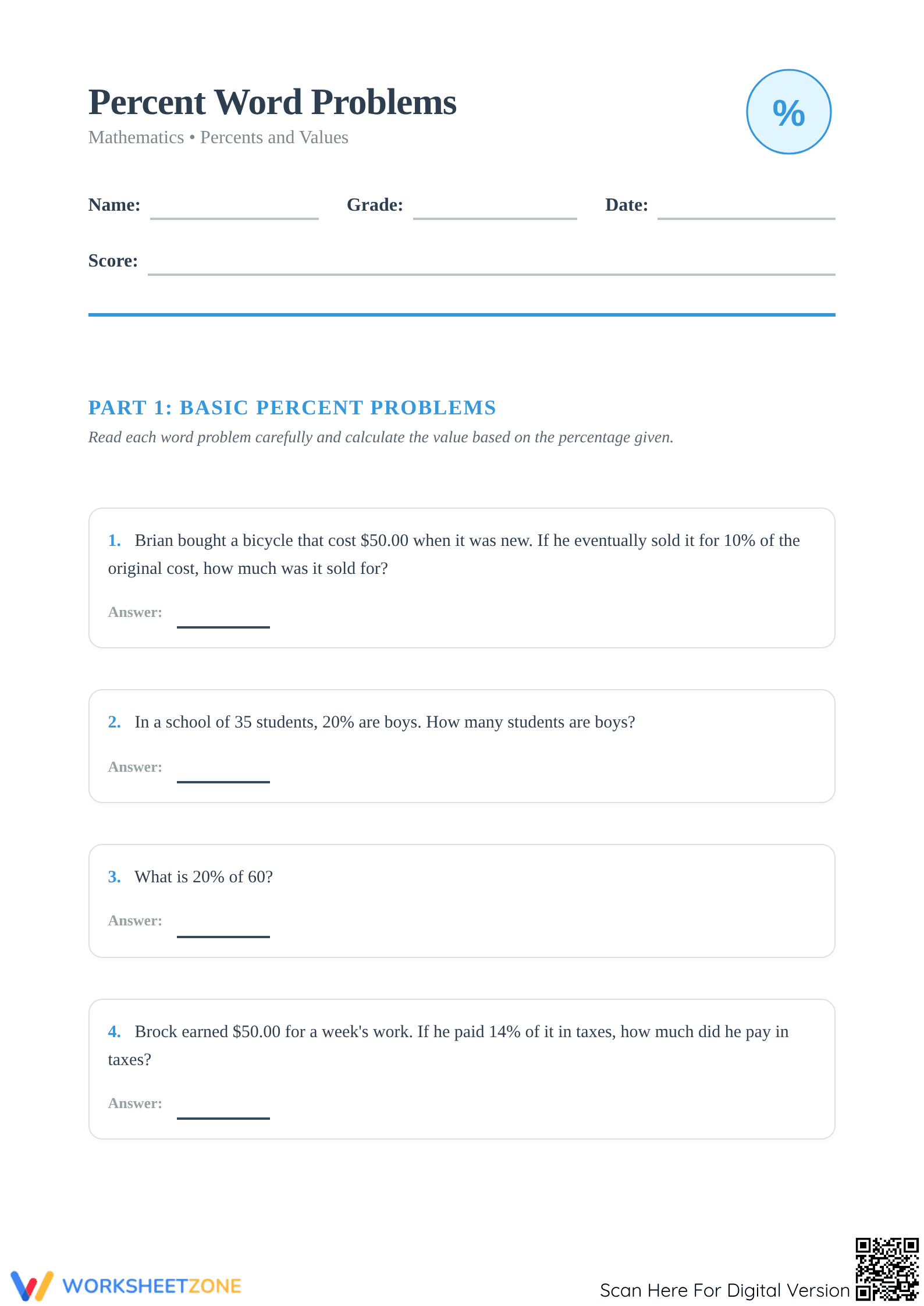 Essential Percent Word Problems Worksheet | Grade 5 Math - Page 1