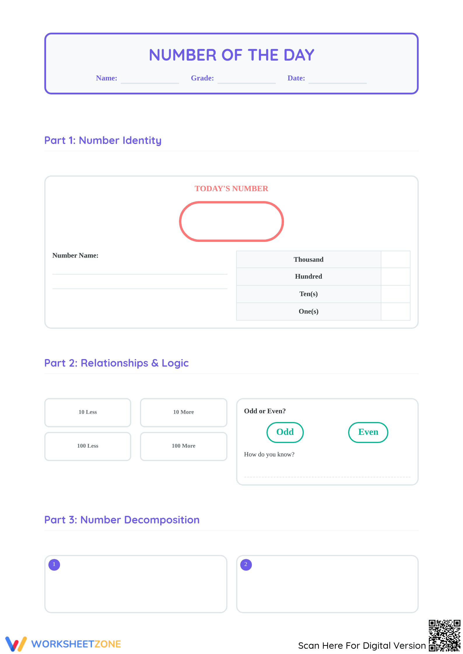 Printable Number of the Day Worksheet | Grade 2-3 - Page 1