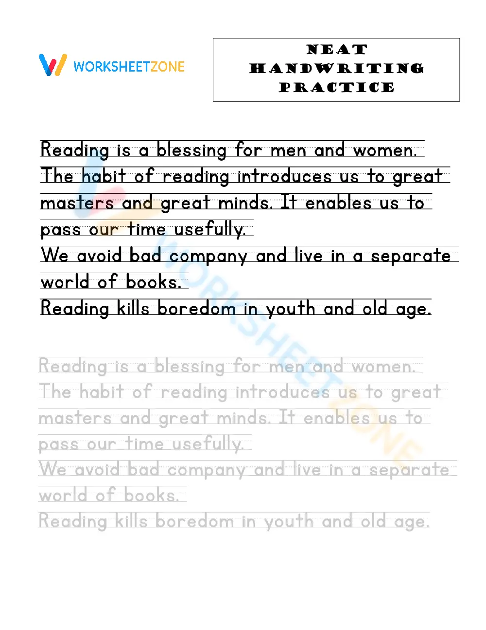 Neat Handwriting Practice Worksheet: Pleasures of Reading - Page 1