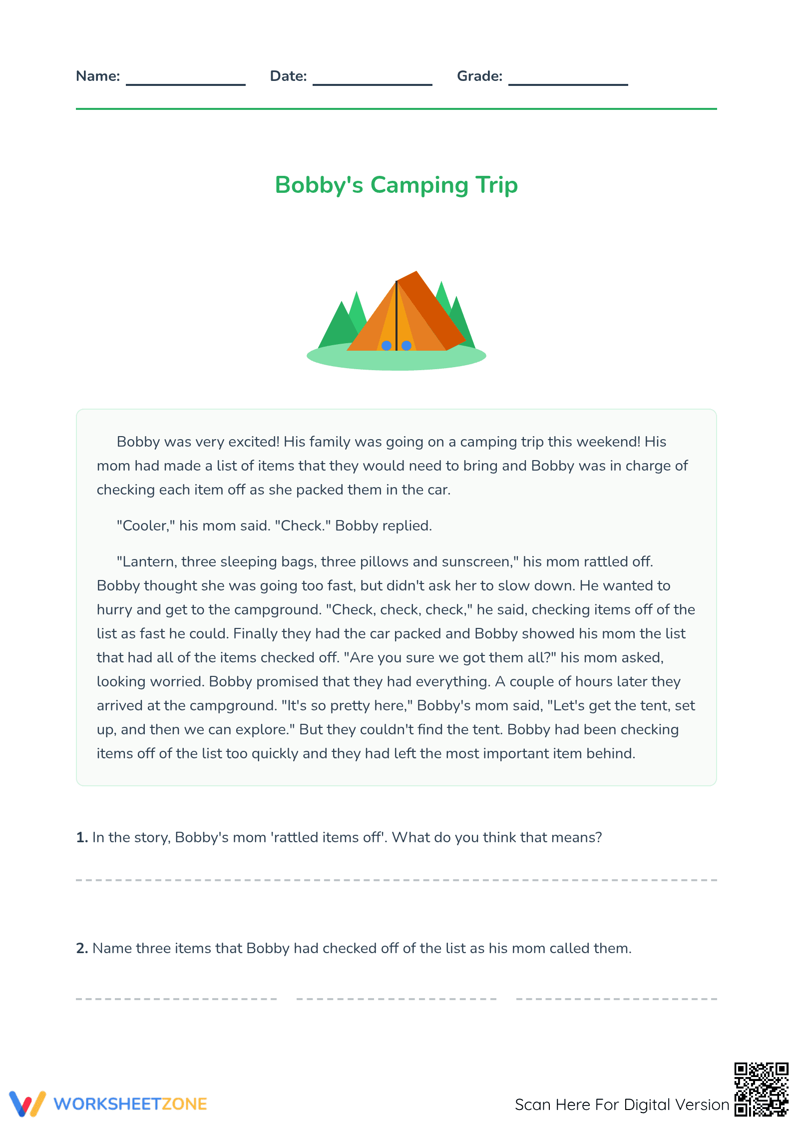Grade 3 Reading Comprehension — Printable No-Prep Worksheet - Page 1