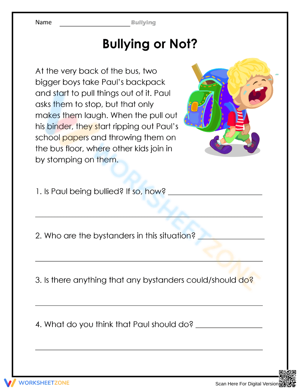 Bullying Reflection Worksheet for Kids - Page 1