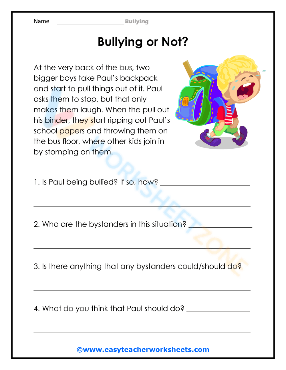 Bullying Reflection Worksheet for Kids - Page 1