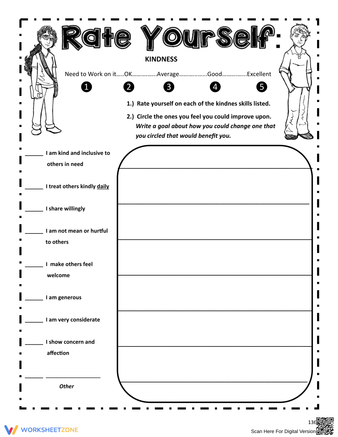 Kindness Self-Assessment | Grade 4 Printable Worksheet - Page 1