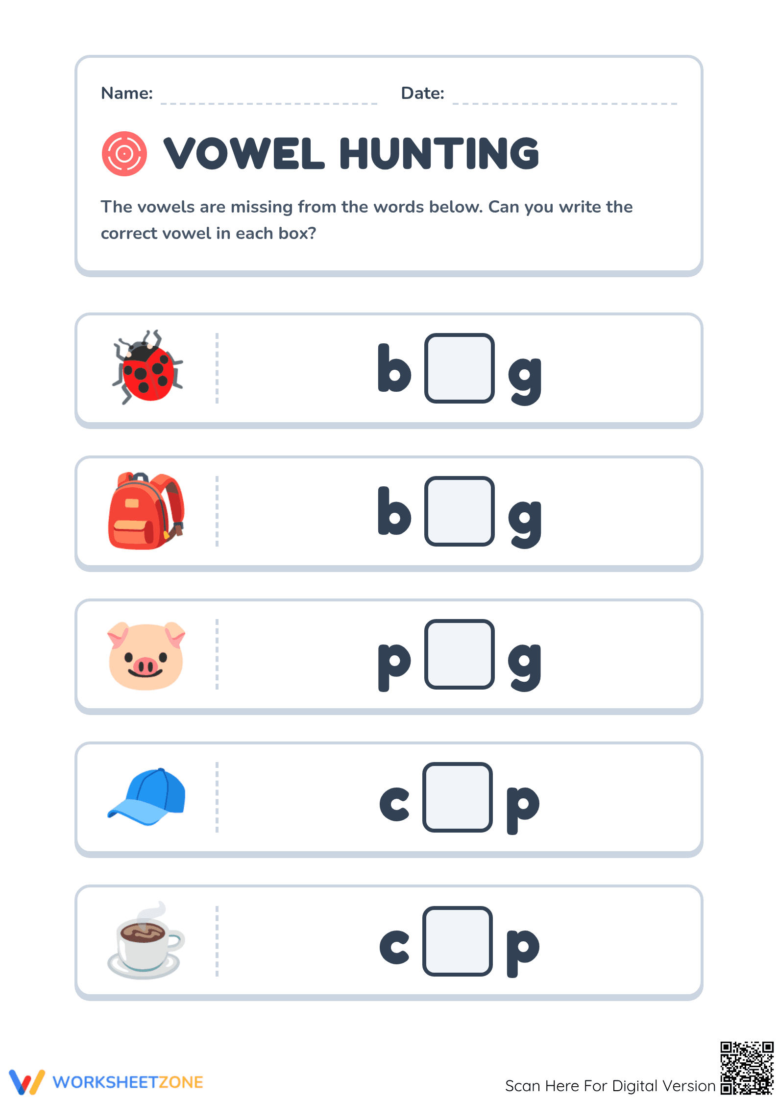 Grade 1 Missing Vowels — Printable No-Prep Worksheet - Page 1
