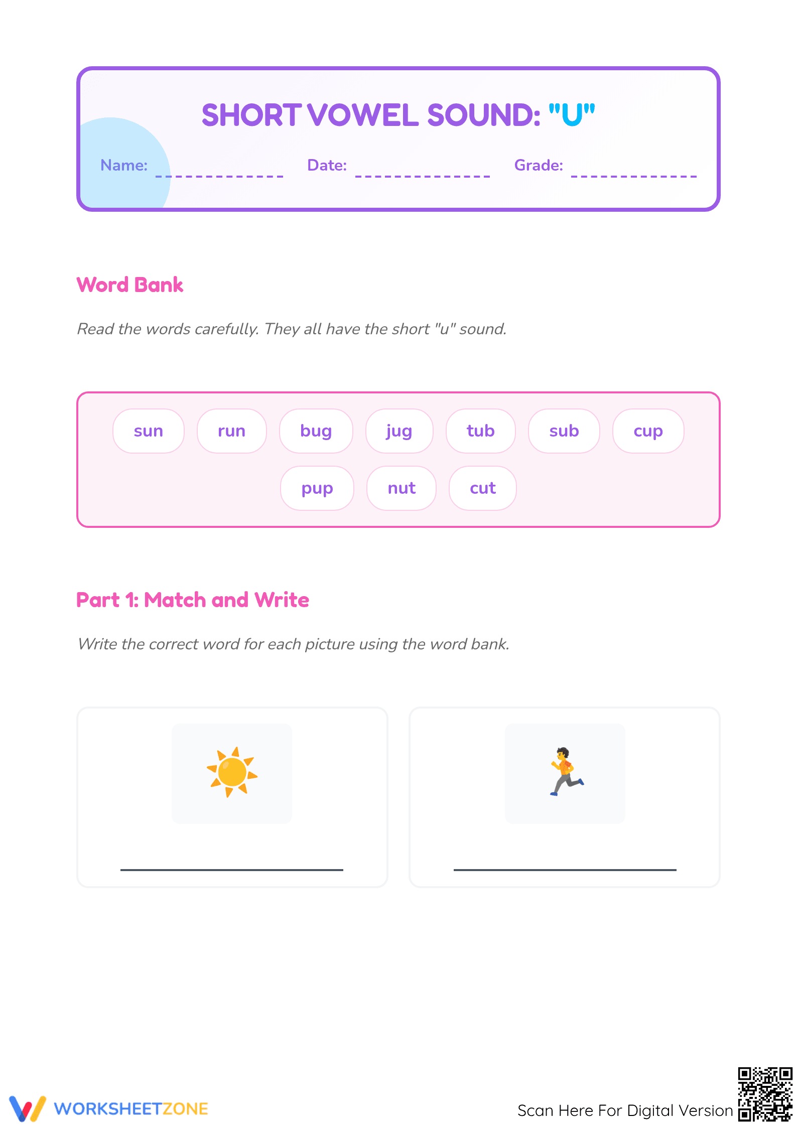 Essential Short Vowel U Phonics Worksheet | Grade 1-2 - Page 1