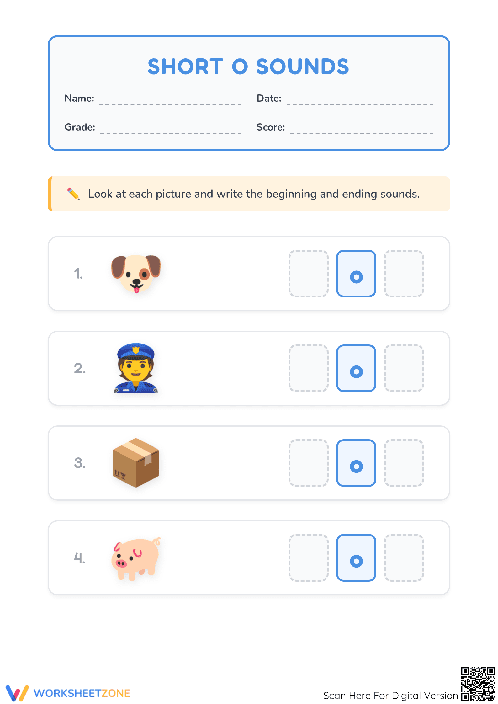 Printable Short O Vowel Sounds Worksheet | Grade 1-2 - Page 1