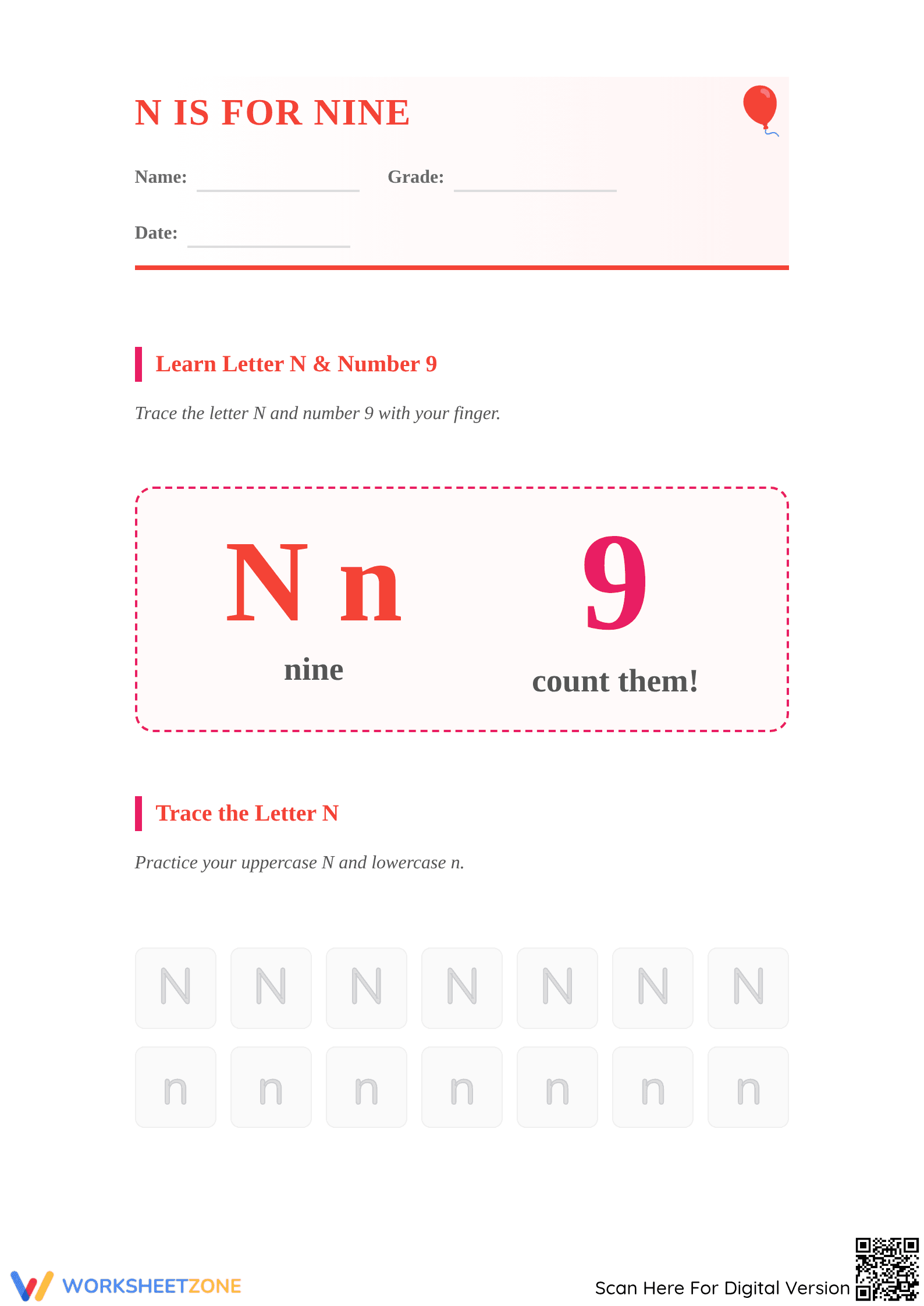 Letter N and Number 9 Printable Worksheet | Grade K-1 - Page 1