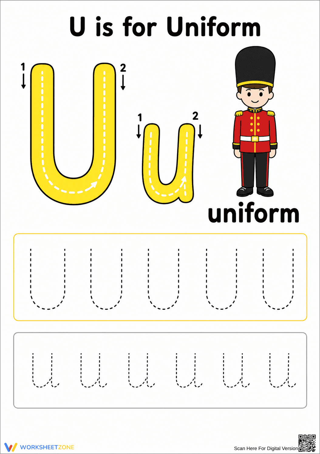 Printable Letter U Tracing Worksheet | Grade K ELA - Page 1