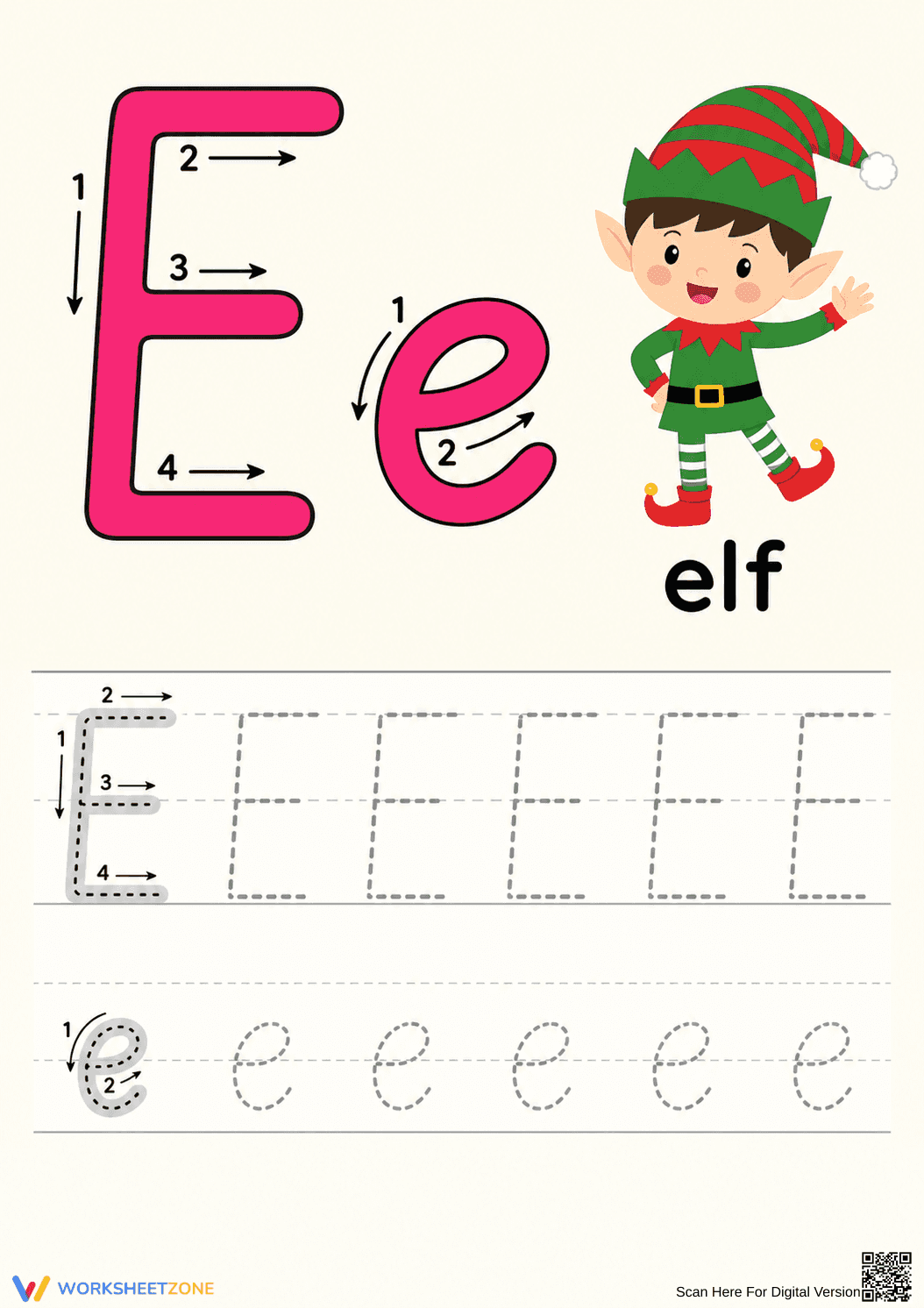Letter E Tracing Worksheet | Essential Grade K-1 Phonics - Page 1