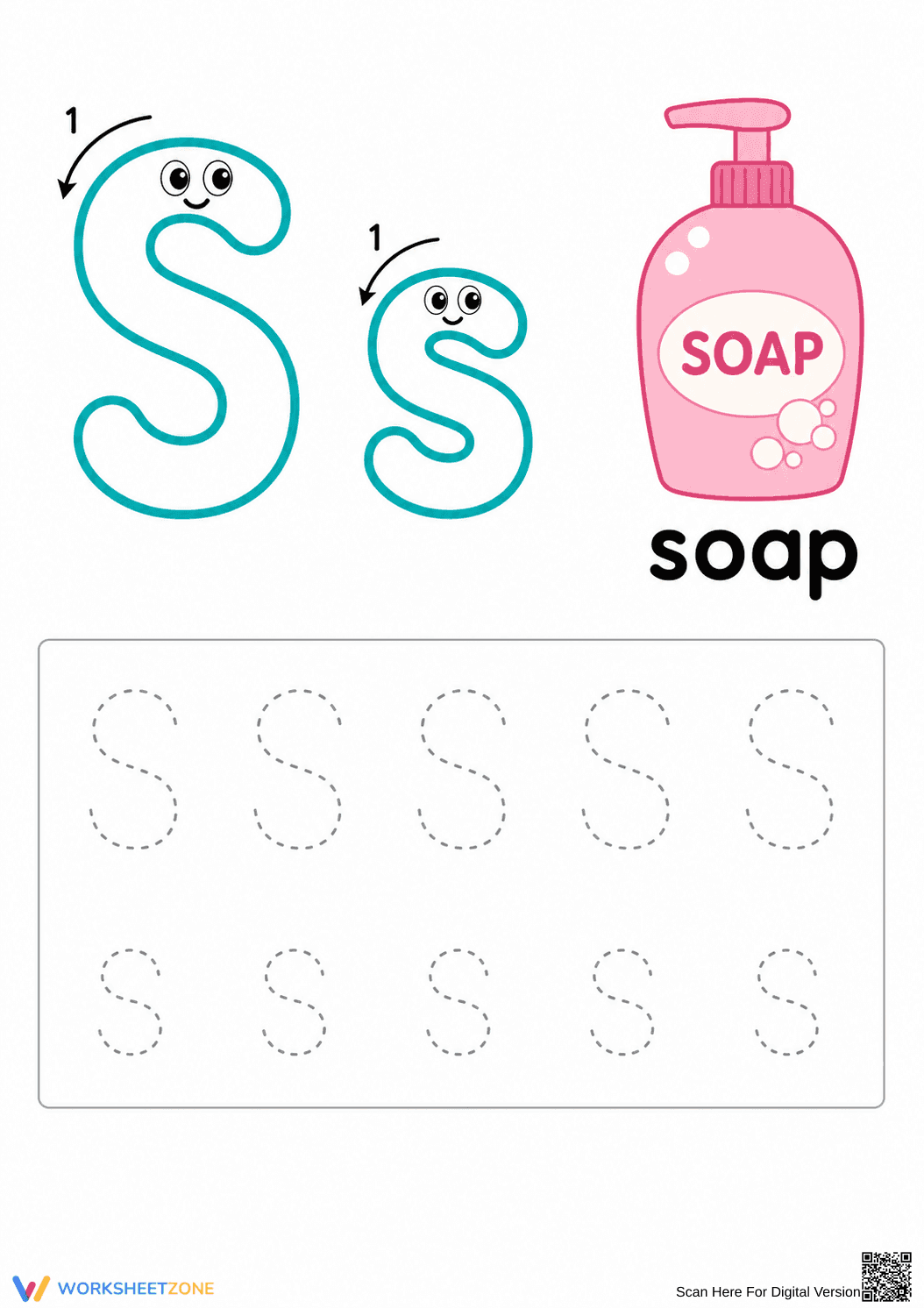 Letter S Tracing Worksheet | Printable Kindergarten ELA - Page 1