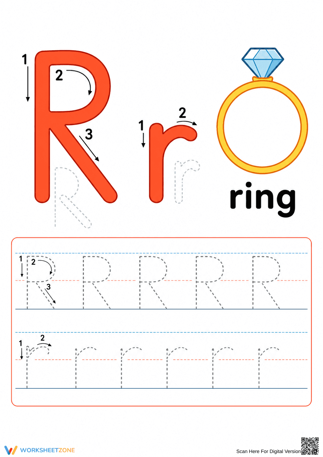 Letter R Tracing Printable Worksheet | Grade K ELA - Page 1