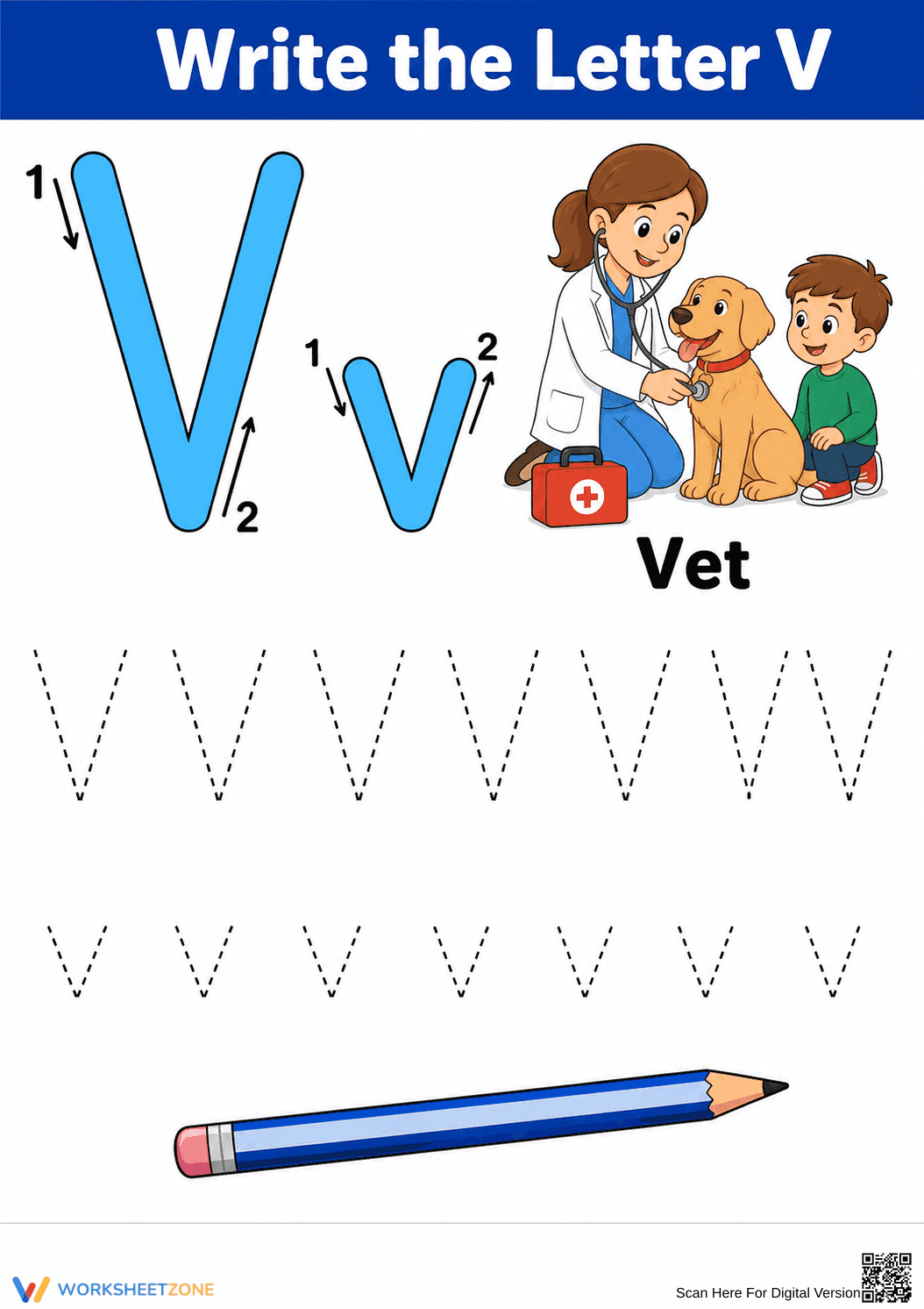 Letter V Tracing Worksheet | Essential Grade K-1 Phonics - Page 1