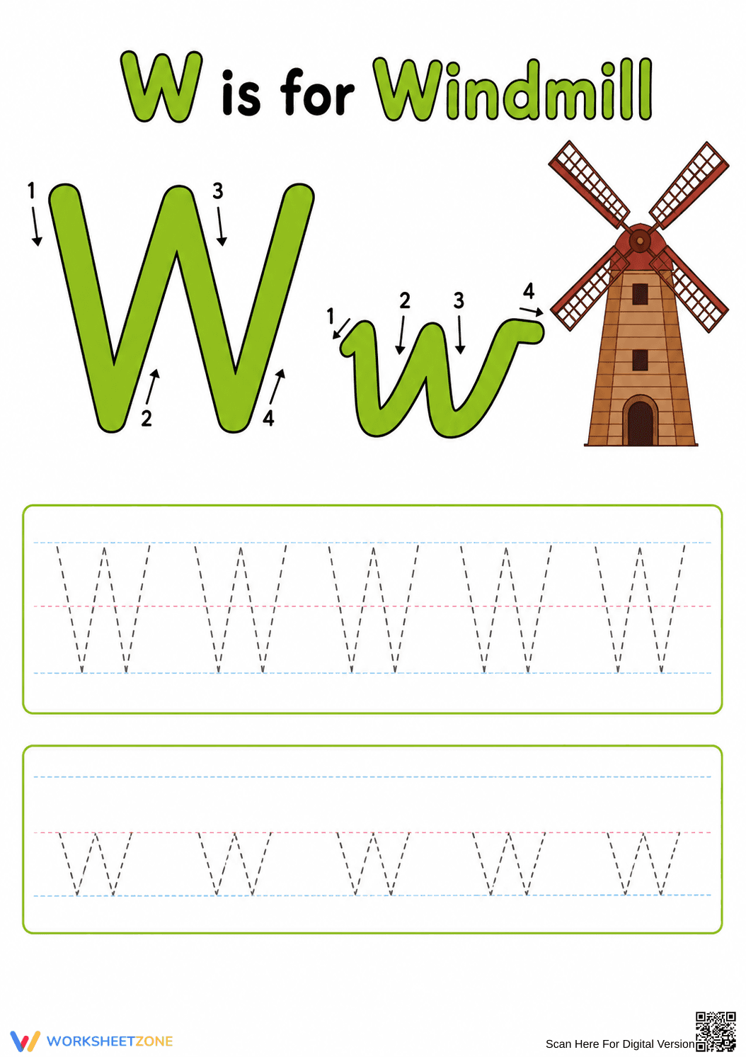 Letter W Tracing Worksheet | Grade K-1 Printable - Page 1
