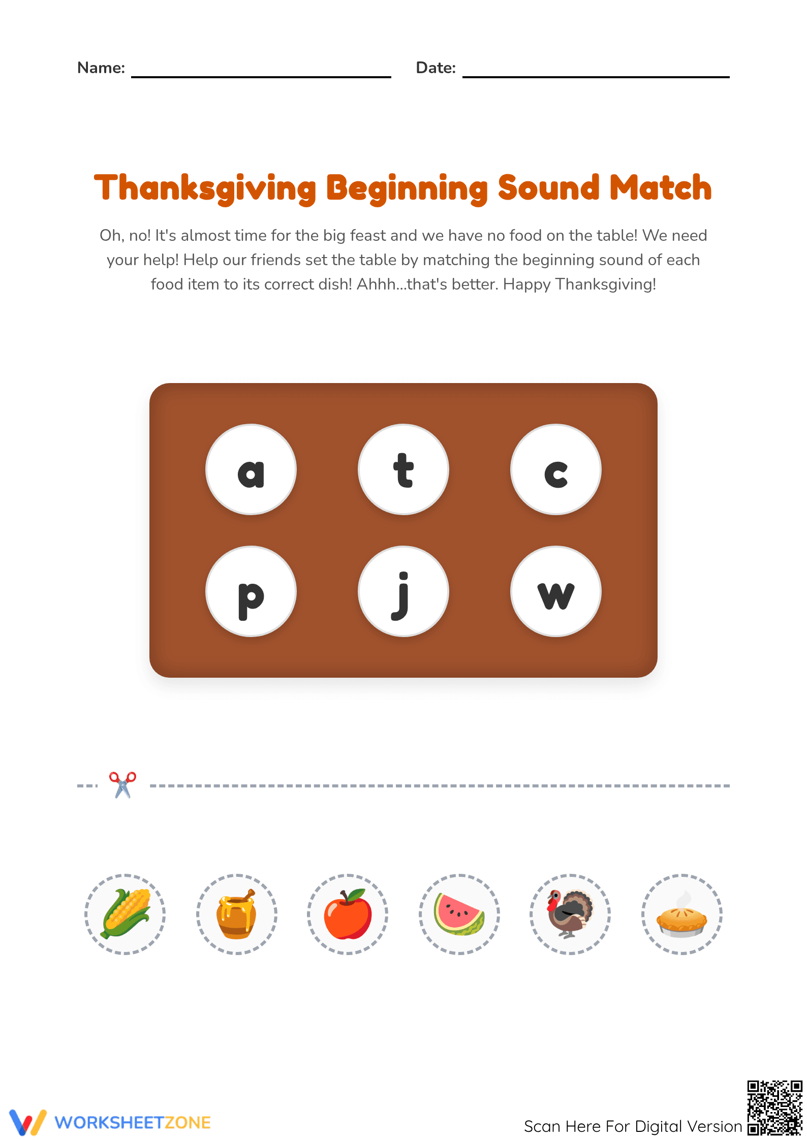 Thanksgiving Beginning Sound Match | Essential Phonics - Page 1