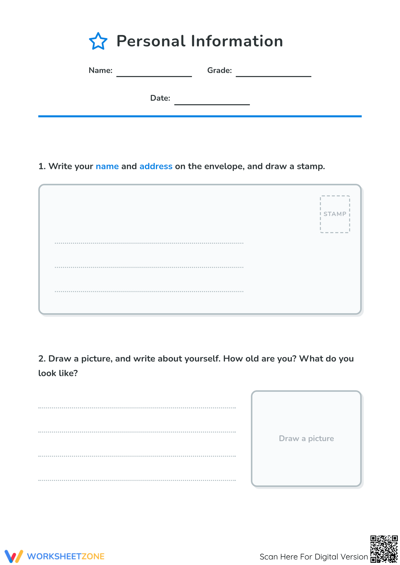 Grade 2 Personal Information — Printable No-Prep Worksheet - Page 1