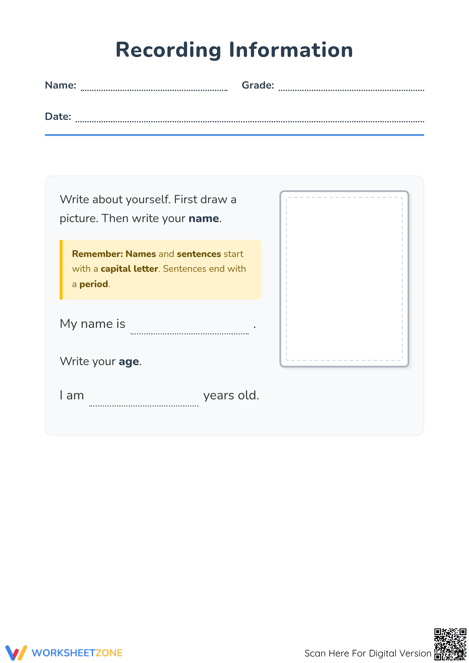 Essential Personal Information Worksheet | Grade 1 ELA - Page 1